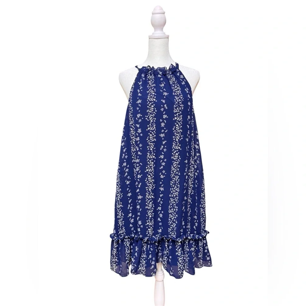BCBG Paris Blue Floral Halter Dress XL Ruffle Hem Lightweight Summer Midi